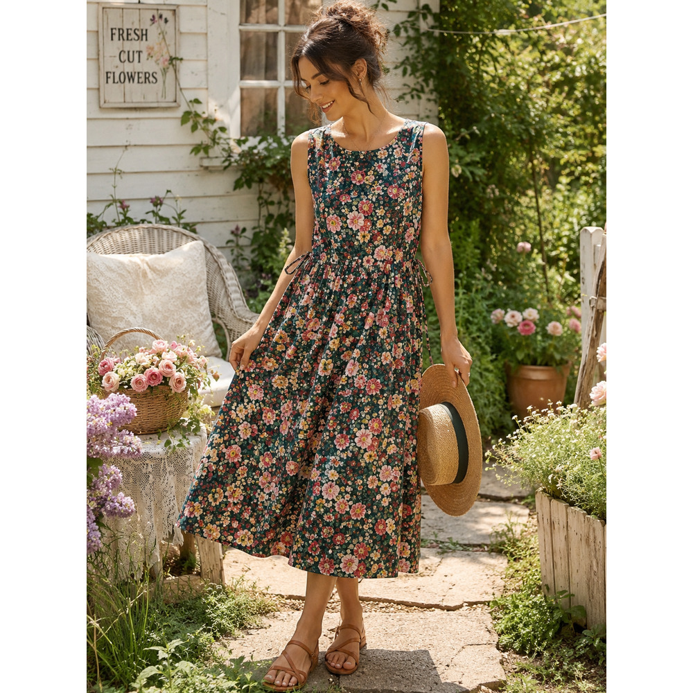 Vintage Vera Bradley Garden Floral Midi Jumper Dress size Small Green Made USA